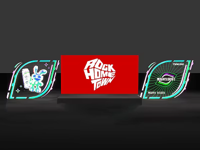 Rock Hour Today Stage With Red Background Green Neon Lights And Spin Graphic Elements 3d model