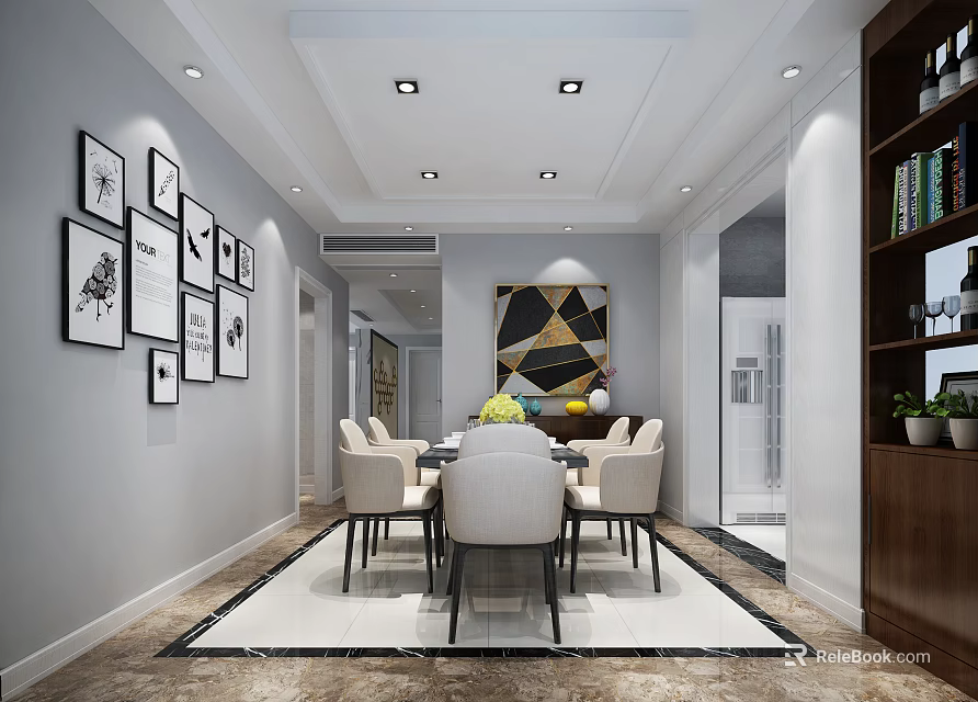 Modern Restaurant Interior With Dining Table Chairs Decorative Paintings And Marble Floor 3d model 
