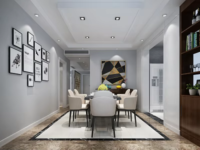 Modern Restaurant Interior With Dining Table Chairs Decorative Paintings And Marble Floor 3d model