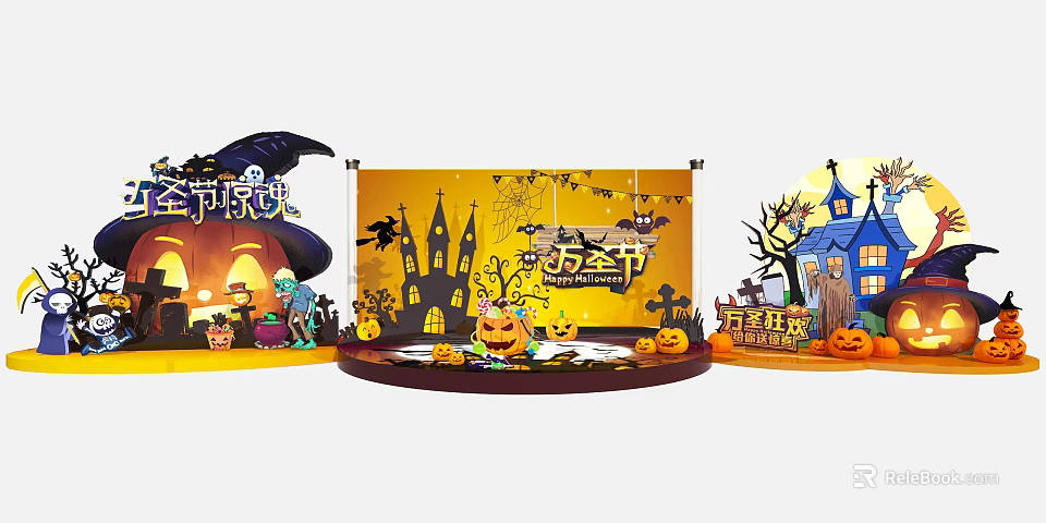 Spooky Halloween Decorative Scene With Pumpkin Castle Bats Wizard Hat And Ghosts 3d model