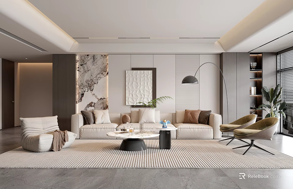 Modern Living Room Interior Design With Beige Sofa Decorative Paintings And Floor Lamp 3d model 