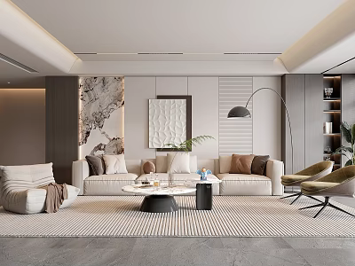Modern Living Room Interior Design With Beige Sofa Decorative Paintings And Floor Lamp 3d model