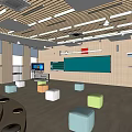 School Classroom Interior Design With Wooden Walls Colorful Stools Green Blackboard And Multimedia Screen