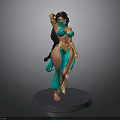 Woman with Long Black Hair in Green Outfit and Veil Dancing 3D Model on Base
