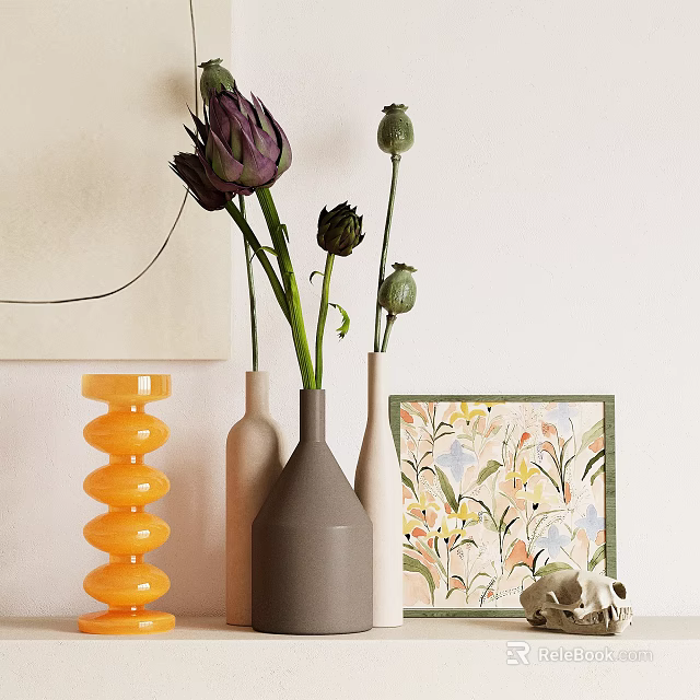 Stylish Gray Beige Vases Holding Purple Artichoke Flowers Green Buds Near Floral Painting Circular Decor 3d model 