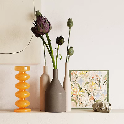 Stylish Gray Beige Vases Holding Purple Artichoke Flowers Green Buds Near Floral Painting Circular Decor 3d model