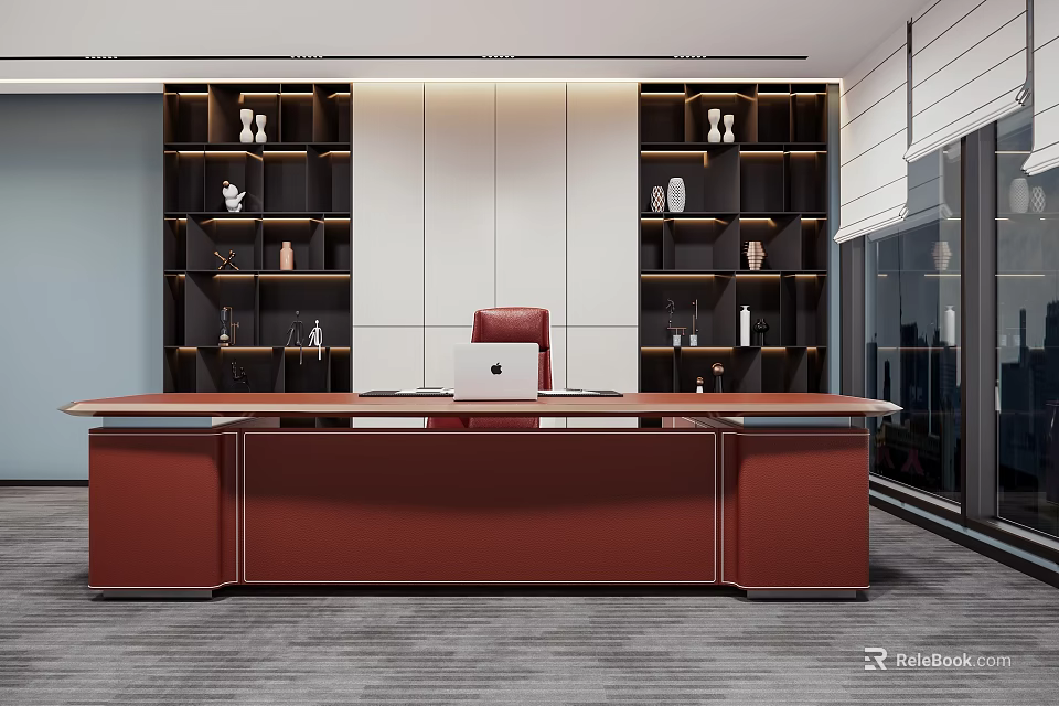 Modern Office Interior Design With Executive Desk Red Chair And Bookshelves 3d model 