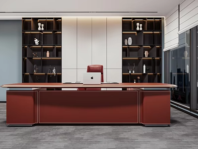 Modern Office Interior Design With Executive Desk Red Chair And Bookshelves 3d model