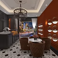 Modern Dessert Shop Interior With Orange Walls Chandelier Cactus Hexagonal Tiles Dessert Displays Pink Decor