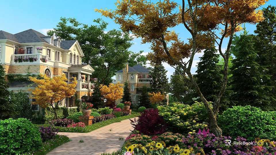 Garden Landscape Featuring European Villa Lush Trees Colorful Flowers Brick Path And Blue Sky 3d model 