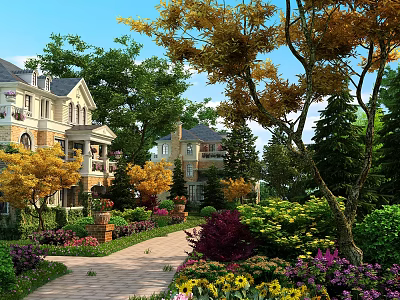 Garden Landscape Featuring European Villa Lush Trees Colorful Flowers Brick Path And Blue Sky 3d model
