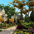 Garden Landscape Featuring European Villa Lush Trees Colorful Flowers Brick Path And Blue Sky