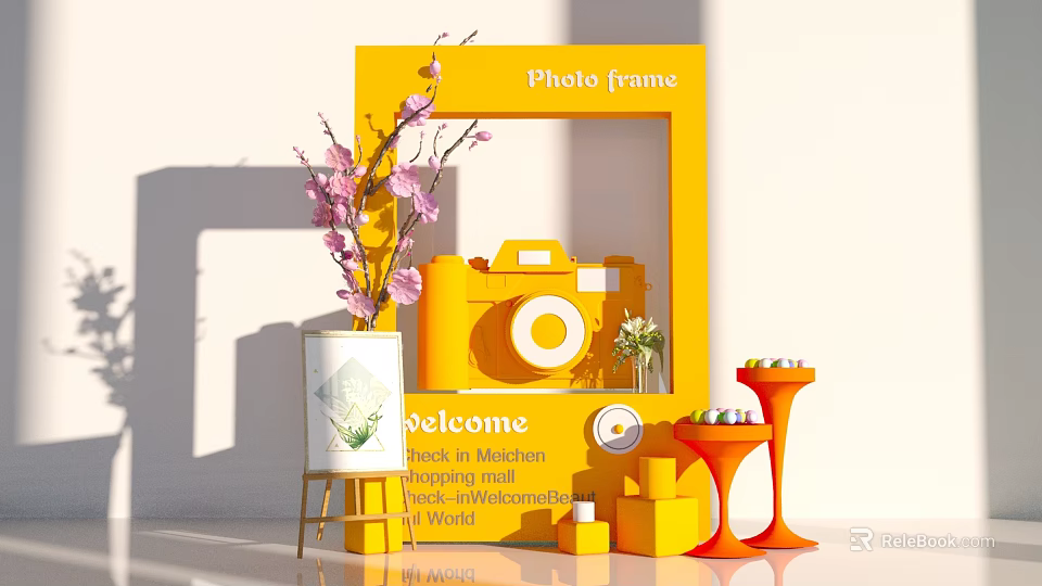 Commercial Outdoor Setup With Yellow Photo Frame Pink Flower Branches Yellow Camera And Welcome Sign 3d model 