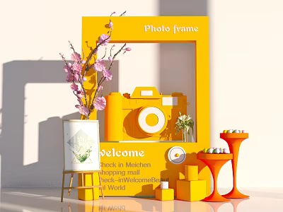 Commercial Outdoor Setup With Yellow Photo Frame Pink Flower Branches Yellow Camera And Welcome Sign 3d model
