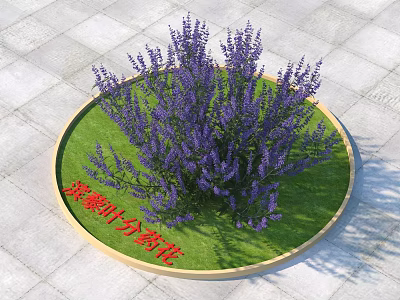 Decorative Purple Flowers In Circular Green Flower Bed On Square Stone Pavement 3d model