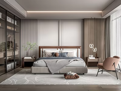 Modern Bedroom Interior With Wooden Accents Large Bed Area Rug Accent Chair And Glass Cabinet 3d model