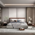 Modern Bedroom Interior With Wooden Accents Large Bed Area Rug Accent Chair And Glass Cabinet