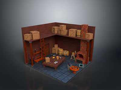 Rustic Dining Table In Storage Corner With Wooden Crates Ladder Brick Wall And Tools Setup 3d model