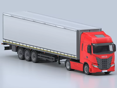 Red IVECO Commercial Curtain Side Truck With Long Cargo Trailer 3d model
