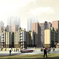 Modern High Rise Residential Complex With Central Garden Green Space And Swimming Pool