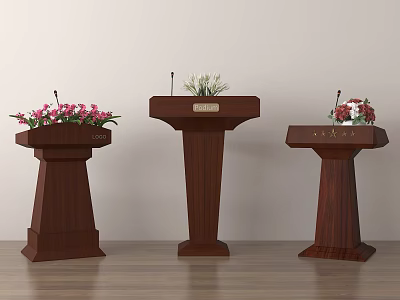 Three Wooden Podiums With Microphones And Flower Arrangements On Light Colored Wall And Wooden Floor 3d model