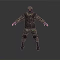 Tactical Soldier In Camouflage Uniform With Helmet Vest And Knee Pads Standing On Gray Background