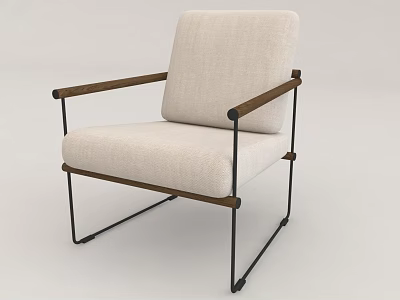 Modern Minimalist Beige Fabric Accent Chair With Wooden Armrests And Metal Frame For Living Room 3d model