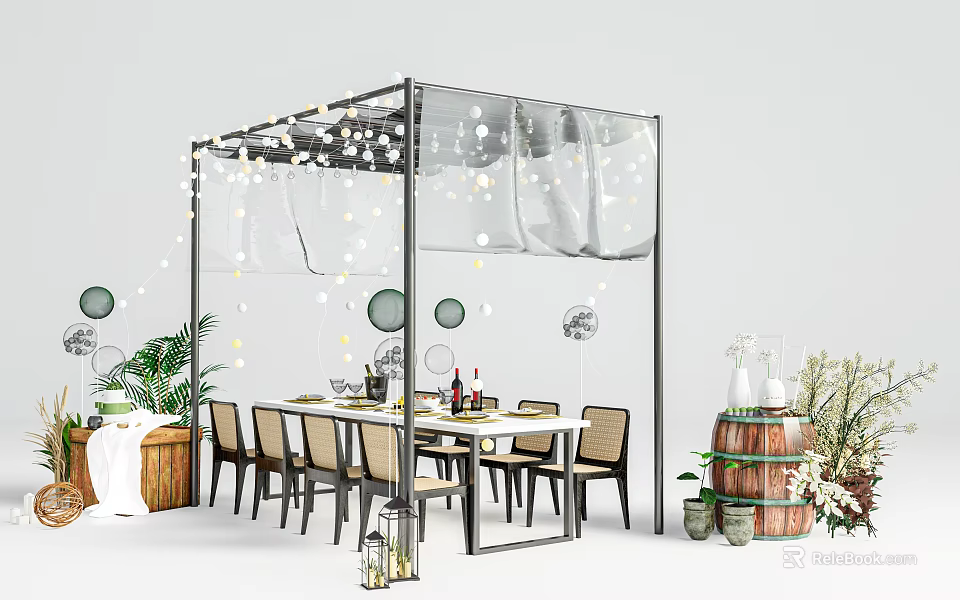 Outdoor Landscape Seating with Canopy String Lights Transparent Curtains Dining Table Chairs and Plants 3d model 
