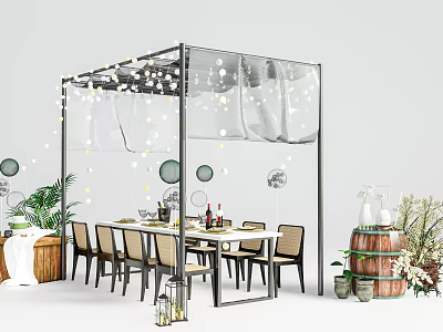 Outdoor Landscape Seating with Canopy String Lights Transparent Curtains Dining Table Chairs and Plants 3d model