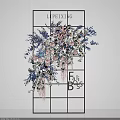 Elegant Floral Installation with Pink White Blue Flowers and Grid Frame Design