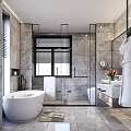 Modern Luxury Bathroom Interior With Marble Walls Freestanding Bathtub Glass Shower And Vanity