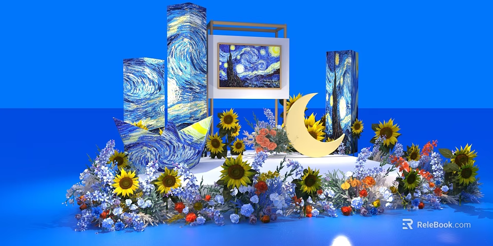 Floral Display Featuring Van Gogh Starry Night Artwork Sunflowers Moon Decoration And Blue Background 3d model 
