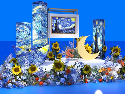 Floral Display Featuring Van Gogh Starry Night Artwork Sunflowers Moon Decoration And Blue Background 3d model