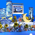 Floral Display Featuring Van Gogh Starry Night Artwork Sunflowers Moon Decoration And Blue Background