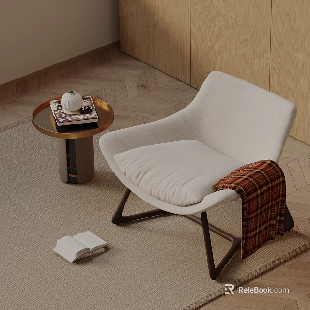 White Accent Chair With Plaid Blanket Open Book And Round Side Table On Carpet 3d model