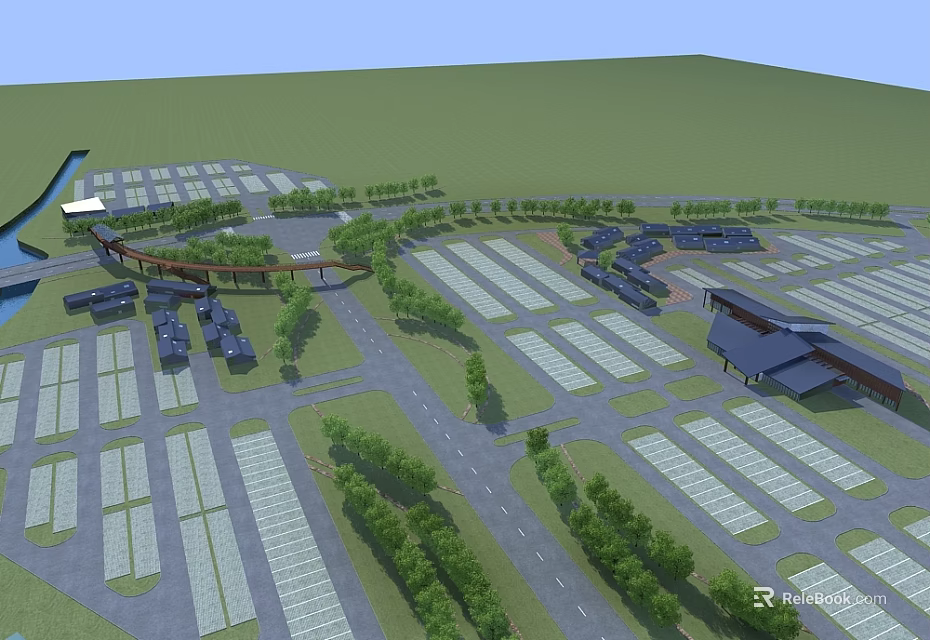 Aerial Planning of Organized Site With Roads Buildings Green Spaces and Grid Layout 3d model 
