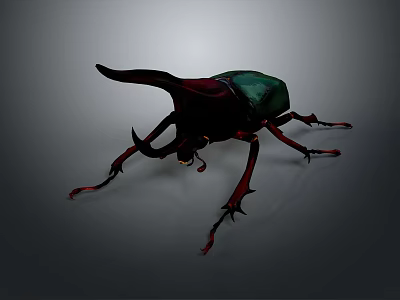 Horned Rhinoceros Beetle With Black Green Body And Red Legs On Grey Background 3d model