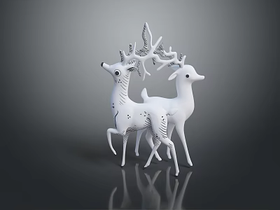 White Deer Figurines With Decorative Patterns In Standing Posture On Dark Background With Reflections 3d model