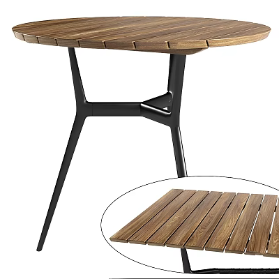 Stylish Dining Table With Slatted Wooden Top And Black Metal Legs 3d model