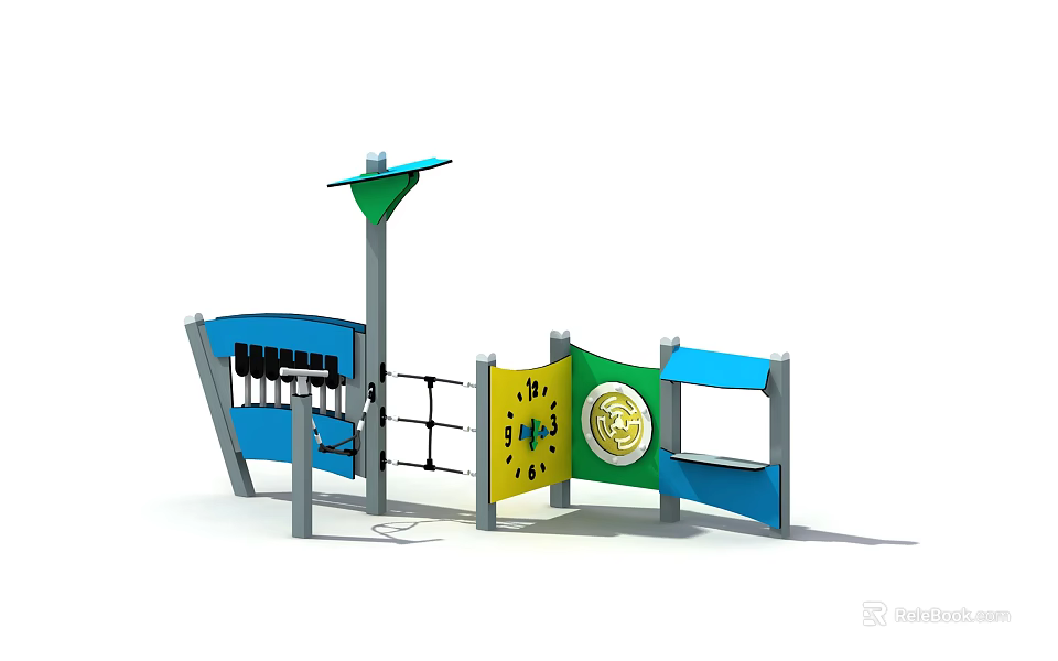 Colorful Playground Equipment with Climbing Net Rotating Panel and Flag Shaped Structures 3d model