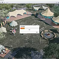 Garden Landscape With Tents Fire Pit Seating And Green Trees Outdoor Area