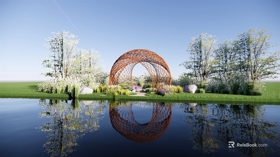 Garden Landscape With Red Woven Arch Structure Trees Lawn And Pool Reflection 3d model
