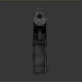 Detailed Pixel Style Pistol With Camouflage Pattern And Red Logo On Grip