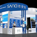 BioTECH Exhibition Booth With Blue White Design Display Screens Promotional Graphics And Staff