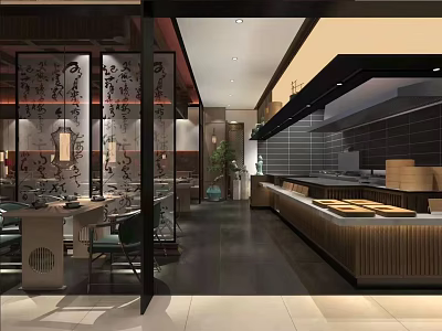 Traditional Hotpot Restaurant Interior With Wooden Decor Lanterns And Open Dining Area 3d model