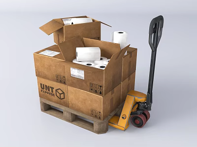 Industrial Pallet Jack Handling Stacked Cardboard Boxes With Paper Rolls On Pallet For Warehouse Logistics 3d model