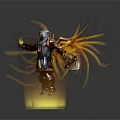 Hooded Character Floating With Glowing Yellow Orange Energy Streams Holding Bladed Weapon On Luminous Base