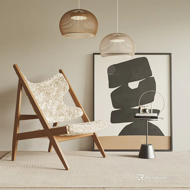 Stylish Lounge Chair With Faux Fur Cushion Wooden Frame Abstract Wall Art And Pendant Lights 3d model 