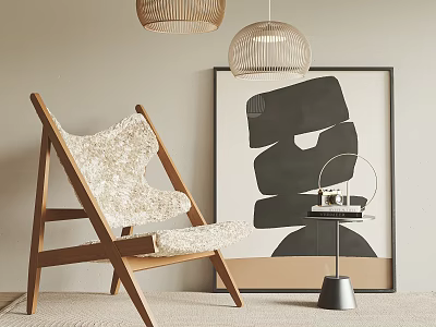 Stylish Lounge Chair With Faux Fur Cushion Wooden Frame Abstract Wall Art And Pendant Lights 3d model