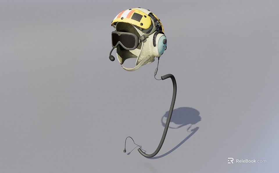 Yellow and White Helmet With Goggles Headphones And Cable On Gray Background 3d model 